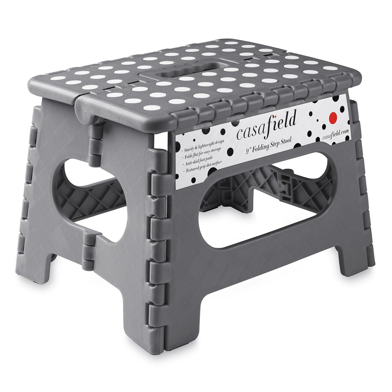 Casafield 9" Folding Step Stool with Handle, Gray - Portable Collapsible Small Plastic Foot Stool for Kids and Adults - Use in the Kitchen, Bathroom and Bedroom